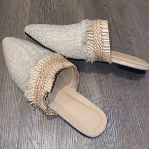 Straw Slip On Mules Flats Boho Fray Beige Size 39